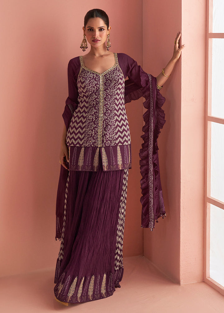 Buy Now Wine Purple Short Shirt Style Trendy Palazzo Suit Online in US, UK, Canada, Germany, Italy, France, Austria, Denmark, Australia & Worldwide at Empress.