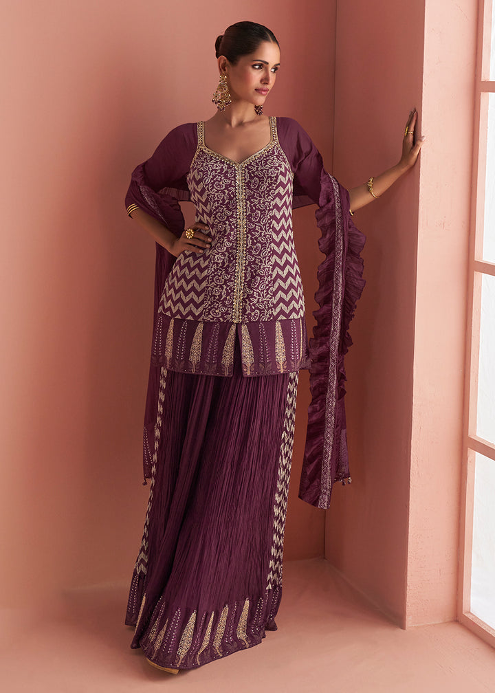 Buy Now Wine Purple Short Shirt Style Trendy Palazzo Suit Online in US, UK, Canada, Germany, Italy, France, Austria, Denmark, Australia & Worldwide at Empress.