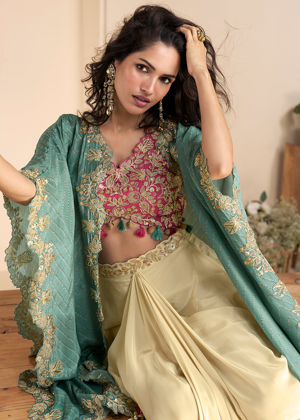 Buy Now Cream Pink Embroidered Shrug Style Indo Western Suit Suit Online in USA, UK, Canada, Germany, Italy, France, Singapore & Worldwide at Empress Clothing.