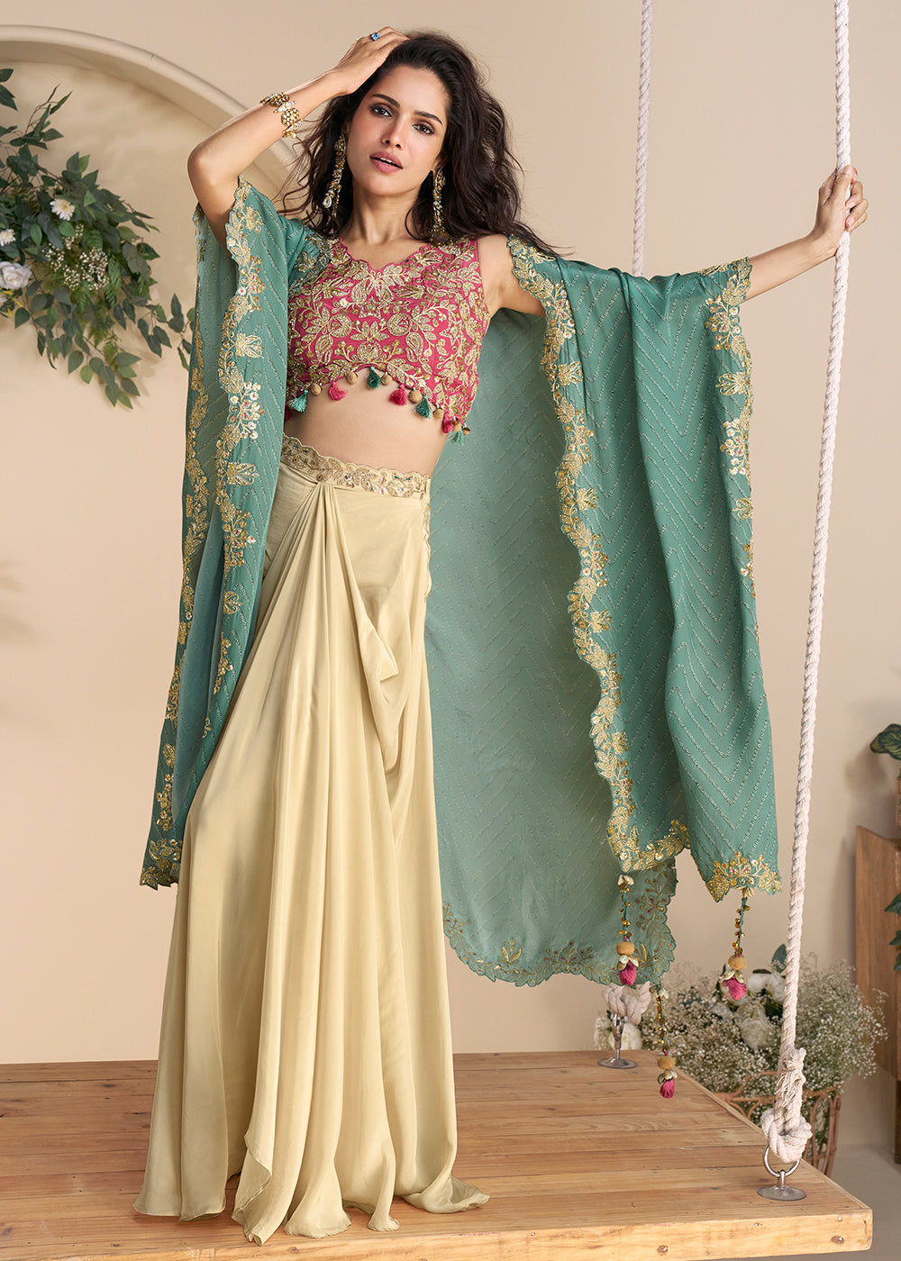 Buy Now Cream Pink Embroidered Shrug Style Indo Western Suit Suit Online in USA, UK, Canada, Germany, Italy, France, Singapore & Worldwide at Empress Clothing.