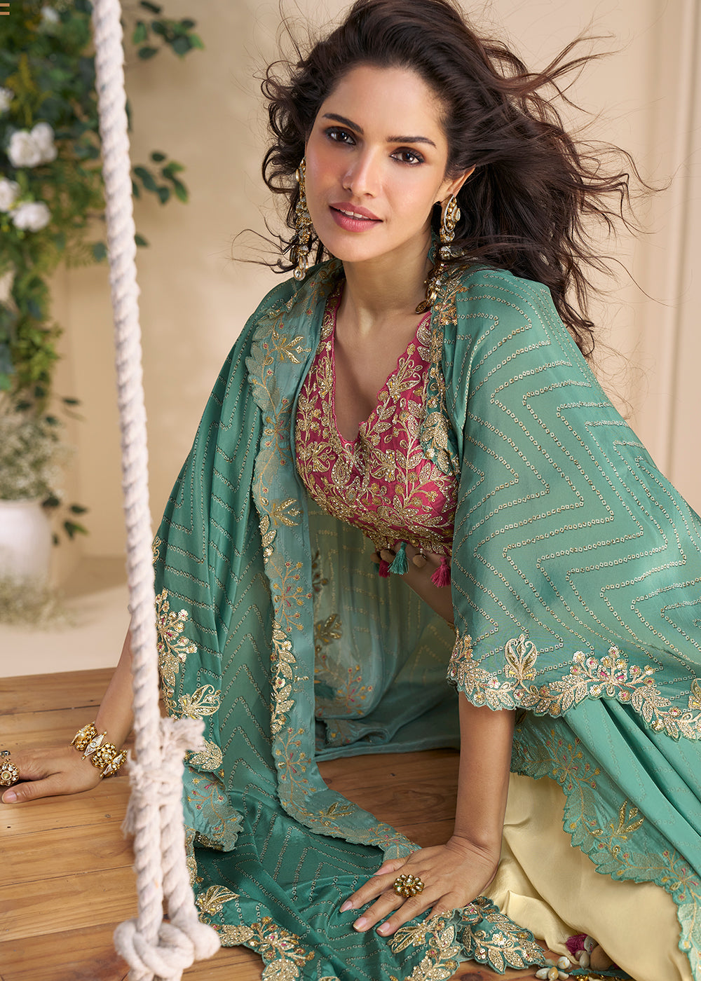 Buy Now Cream Pink Embroidered Shrug Style Indo Western Suit Suit Online in USA, UK, Canada, Germany, Italy, France, Singapore & Worldwide at Empress Clothing.