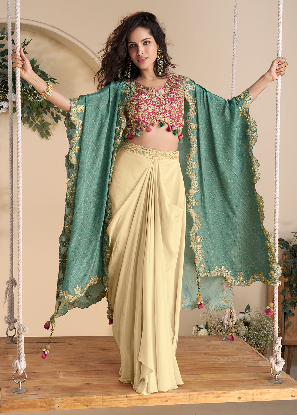 Buy Now Cream Pink Embroidered Shrug Style Indo Western Suit Suit Online in USA, UK, Canada, Germany, Italy, France, Singapore & Worldwide at Empress Clothing.