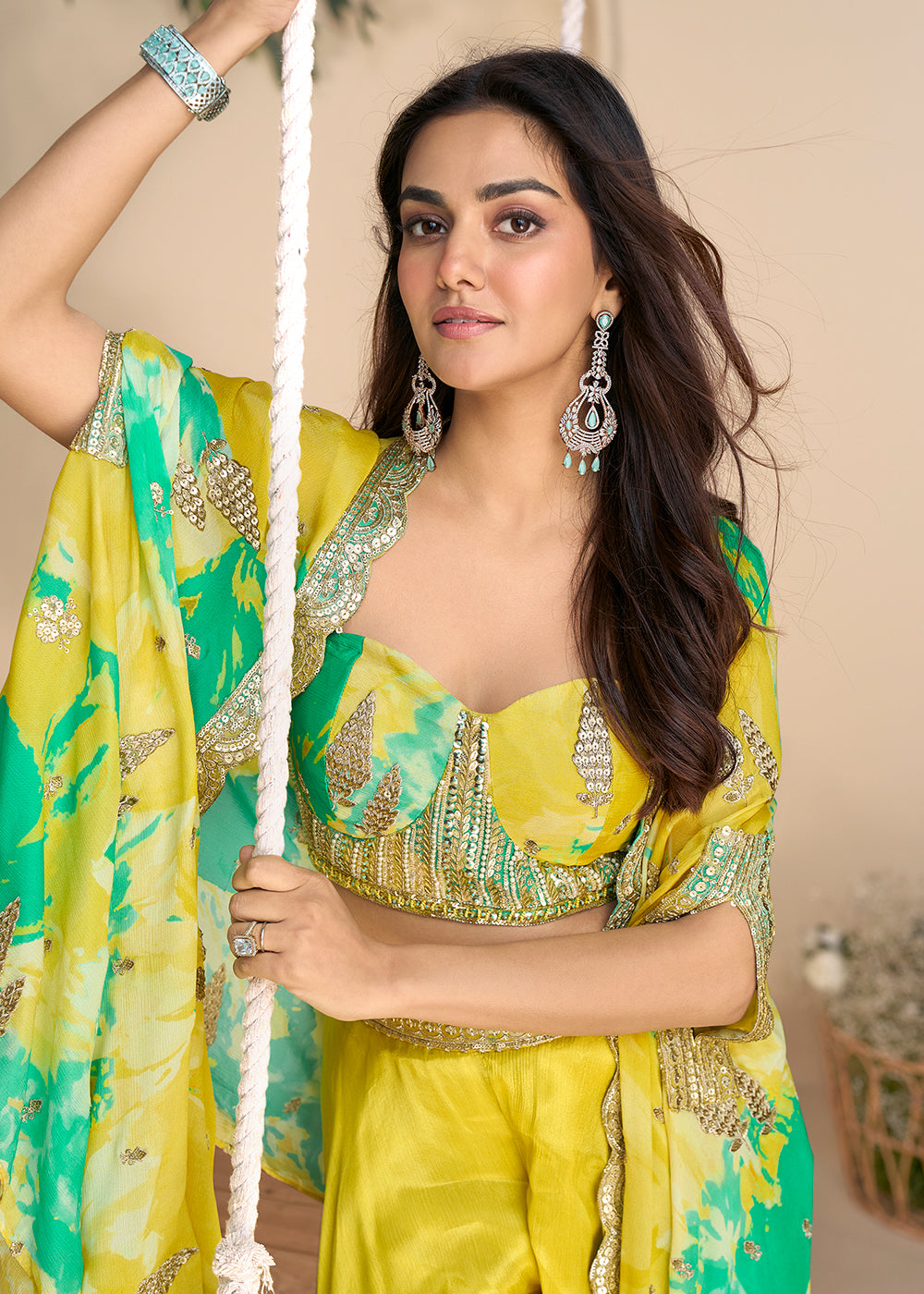 Buy Now Mustard Green Embroidered Shrug Style Indo Western Suit Suit Online in USA, UK, Canada, Germany, Italy, France, UAE & Worldwide at Empress Clothing.