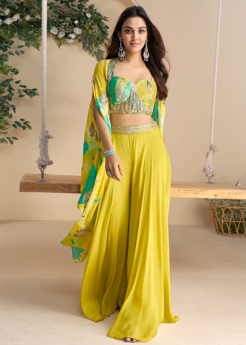 Buy Now Mustard Green Embroidered Shrug Style Indo Western Suit Suit Online in USA, UK, Canada, Germany, Italy, France, UAE & Worldwide at Empress Clothing.