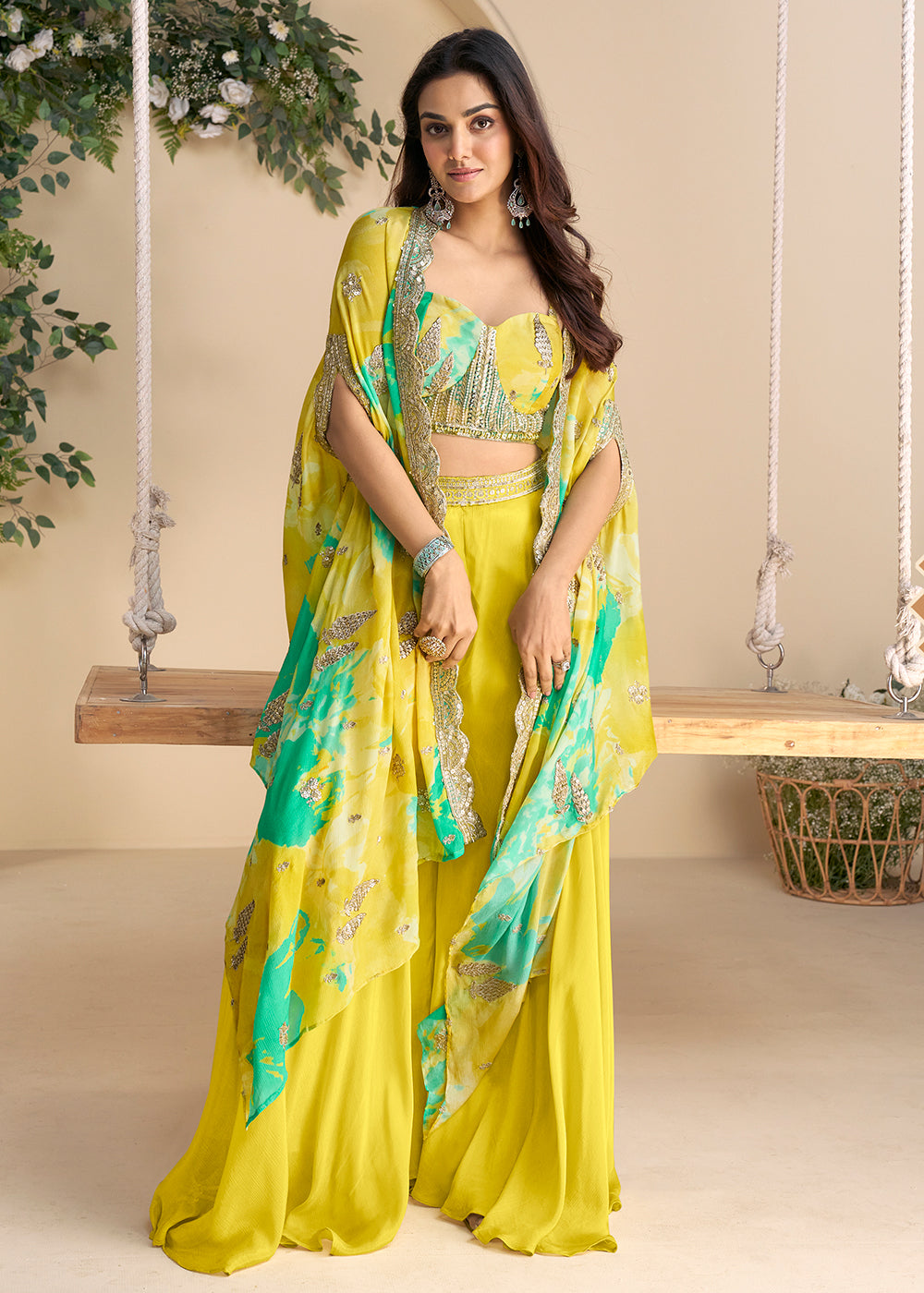 Buy Now Mustard Green Embroidered Shrug Style Indo Western Suit Suit Online in USA, UK, Canada, Germany, Italy, France, UAE & Worldwide at Empress Clothing.