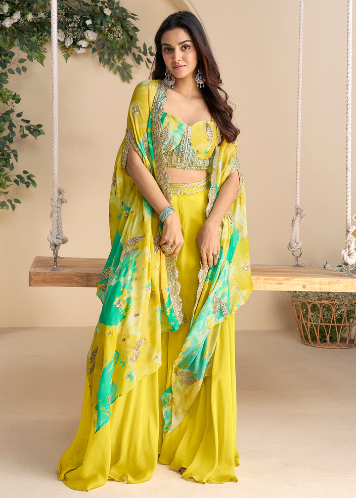 Buy Now Mustard Green Embroidered Shrug Style Indo Western Suit Suit Online in USA, UK, Canada, Germany, Italy, France, UAE & Worldwide at Empress Clothing.