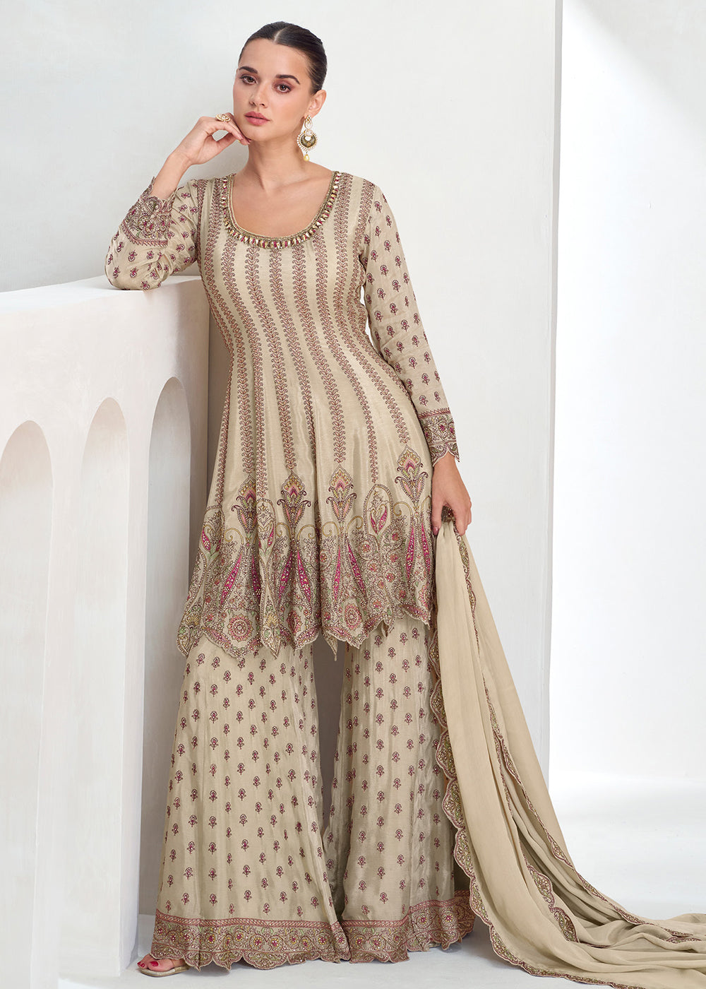 Shop Now Beige Festive Style Embroidered Trendy Gharara Suit Online at Empress Clothing in USA, UK, Canada, Germany, UAE & Worldwide. 