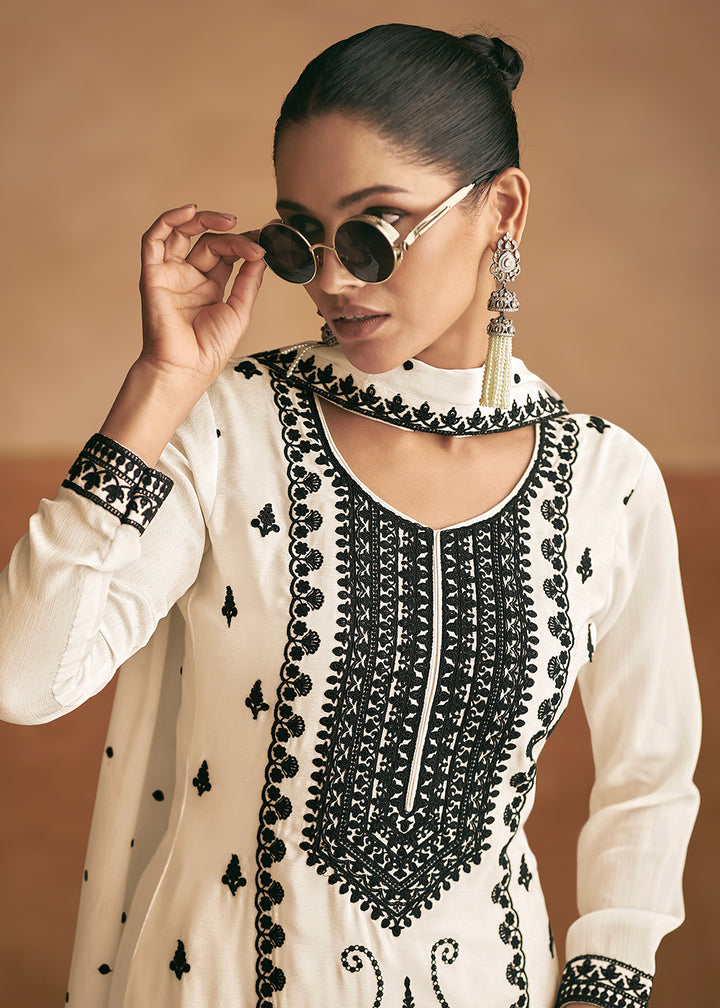 Buy Now Lucknowi Style Embroidered White Silk Palazzo Suit Online in USA, UK, Canada, Germany, Australia & Worldwide at Empress Clothing.