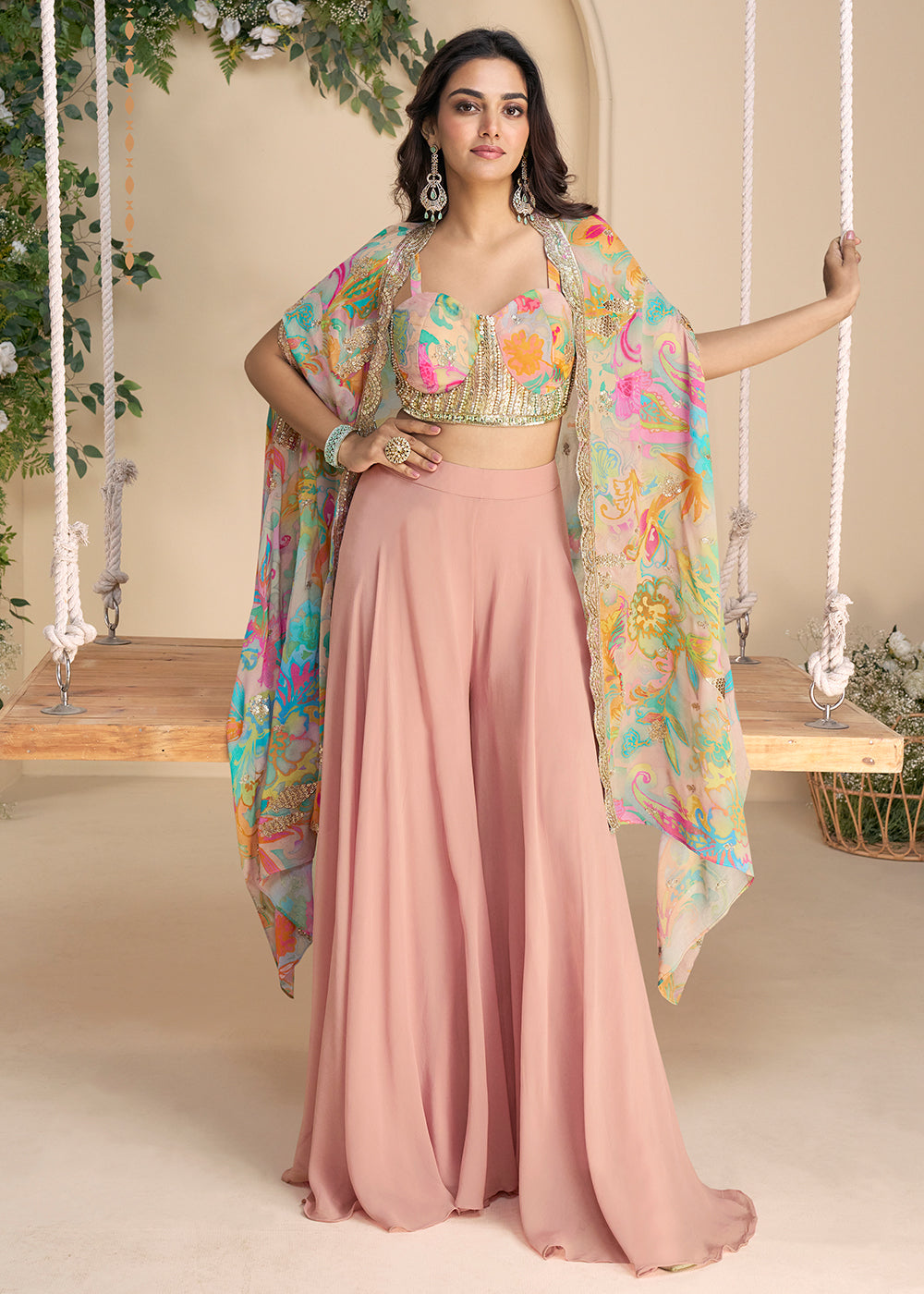 Buy Now Pink Multi Embroidered Shrug Style Indo Western Suit Suit Online in USA, UK, Canada, Germany, Italy, France, Singapore & Worldwide at Empress Clothing.