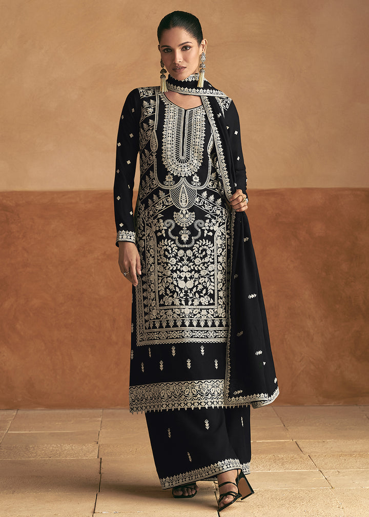 Buy Now Lucknowi Style Embroidered Black Silk Palazzo Suit Online in USA, UK, Canada, Germany, Australia & Worldwide at Empress Clothing.