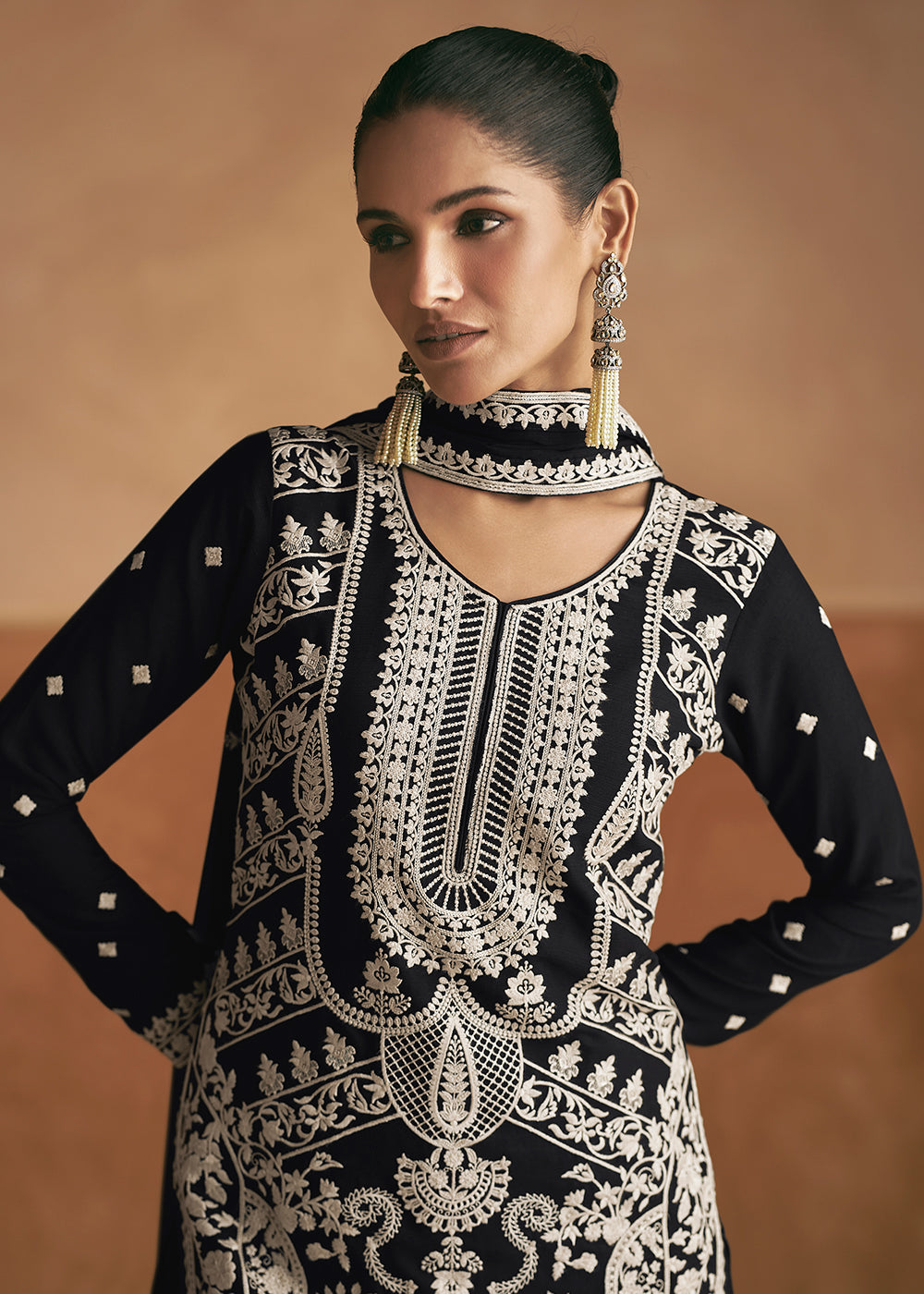 Buy Now Lucknowi Style Embroidered Black Silk Palazzo Suit Online in USA, UK, Canada, Germany, Australia & Worldwide at Empress Clothing.