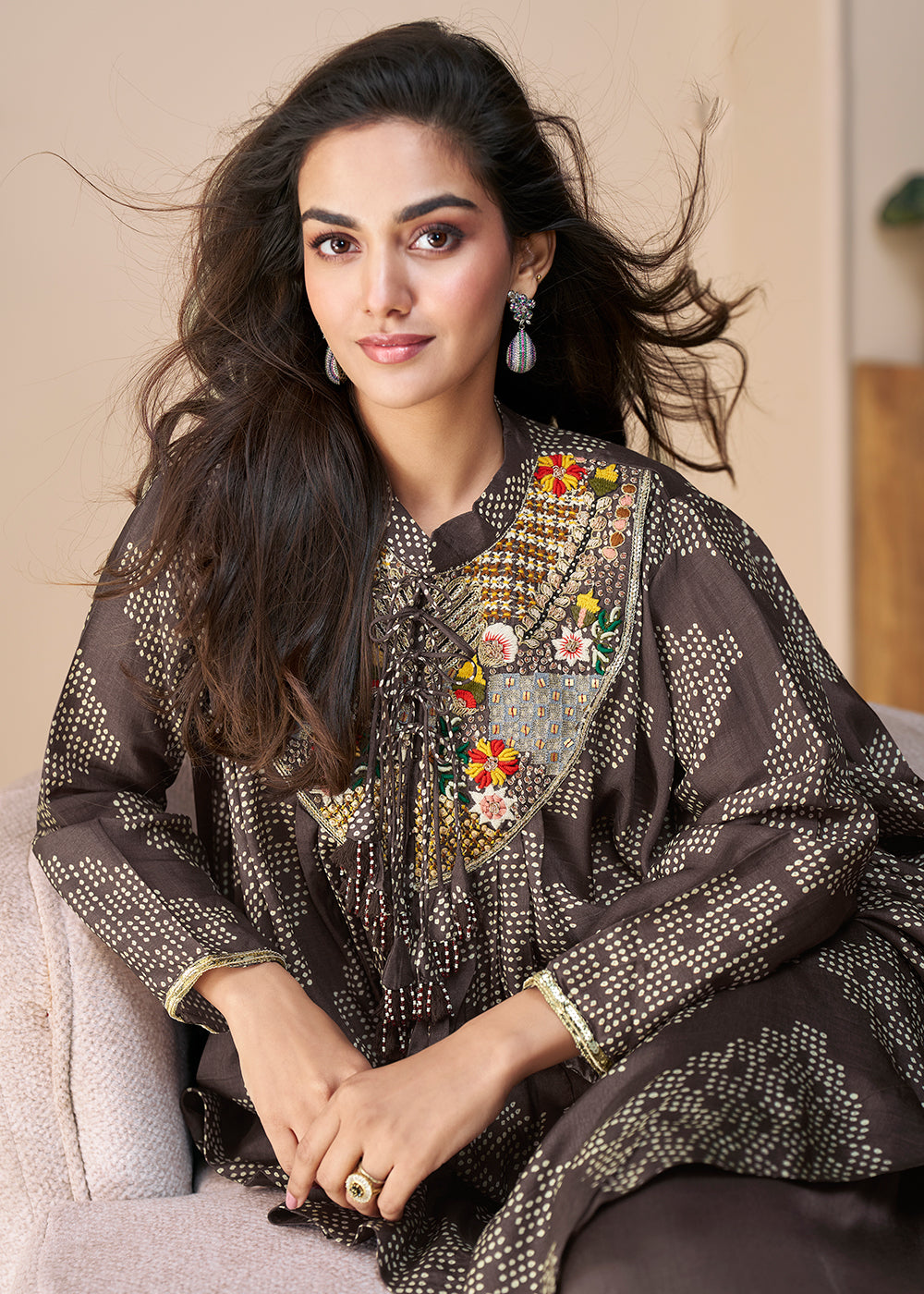 Buy Now Brown Hand Embellished Poncho Kaftan Style Dress Online in USA, UK, Canada, Germany, Italy, France, Austria, Singapore & Worldwide at Empress Clothing.