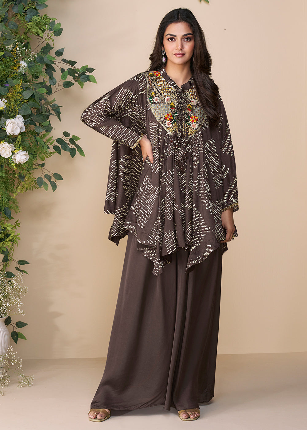 Buy Now Brown Hand Embellished Poncho Kaftan Style Dress Online in USA, UK, Canada, Germany, Italy, France, Austria, Singapore & Worldwide at Empress Clothing.