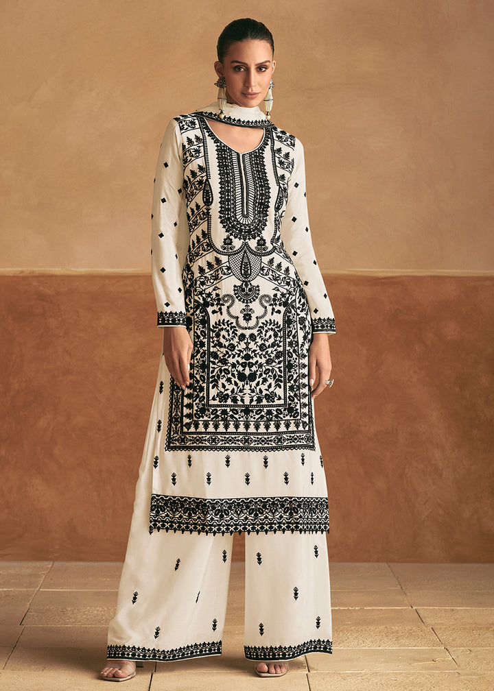 Buy Now Lucknowi Style Embroidered Silk White Palazzo Suit Online in USA, UK, Canada, Germany, Australia & Worldwide at Empress Clothing. 