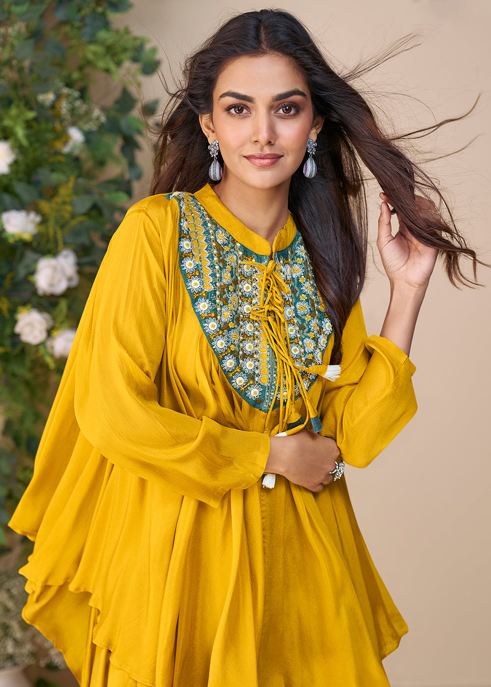 Buy Now Yellow Hand Embellished Poncho Kaftan Style Dress Online in USA, UK, Canada, Germany, Italy, France, Austria, Singapore & Worldwide at Empress Clothing.