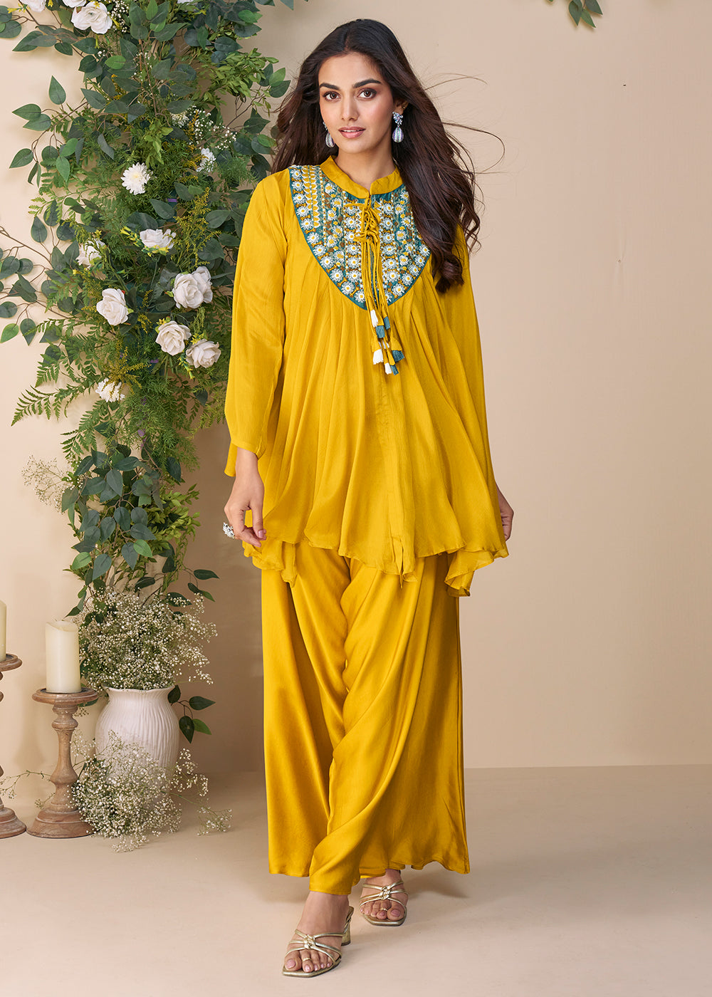 Buy Now Yellow Hand Embellished Poncho Kaftan Style Dress Online in USA, UK, Canada, Germany, Italy, France, Austria, Singapore & Worldwide at Empress Clothing.