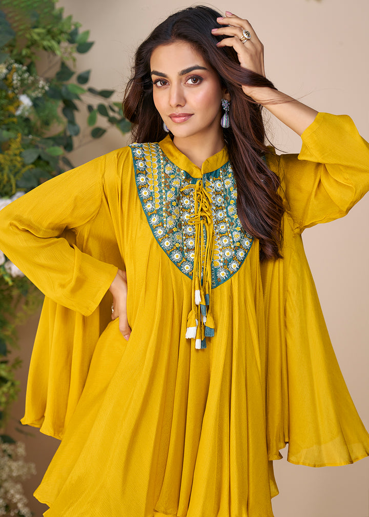 Buy Now Yellow Hand Embellished Poncho Kaftan Style Dress Online in USA, UK, Canada, Germany, Italy, France, Austria, Singapore & Worldwide at Empress Clothing.
