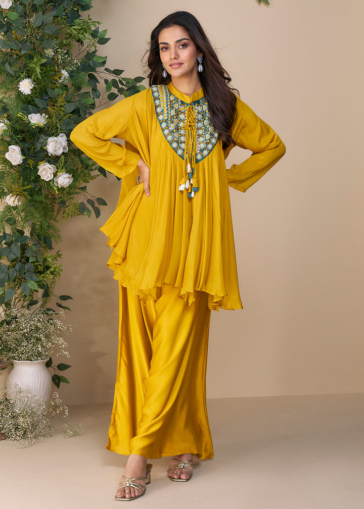 Buy Now Yellow Hand Embellished Poncho Kaftan Style Dress Online in USA, UK, Canada, Germany, Italy, France, Austria, Singapore & Worldwide at Empress Clothing.