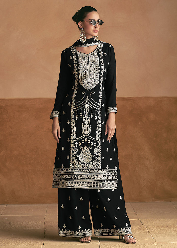 Buy Now Lucknowi Style Embroidered Silk Black Palazzo Suit Online in USA, UK, Canada, Germany, Australia & Worldwide at Empress Clothing. 