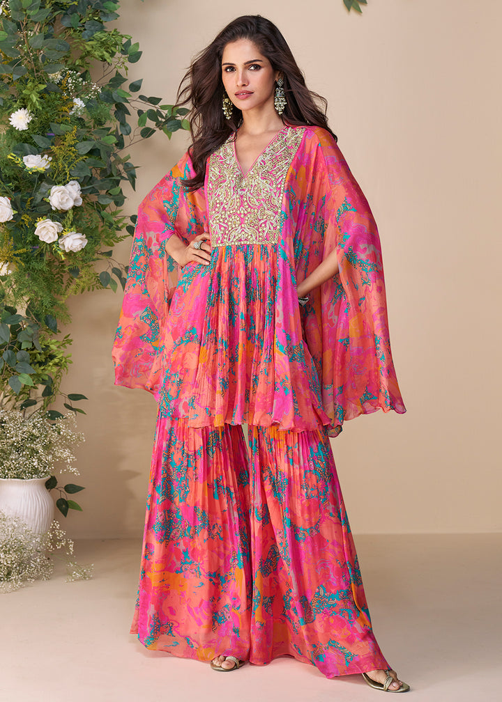 Buy Now Pink Hand Embellished Poncho Kaftan Style Dress Online in USA, UK, Canada, Germany, Italy, France, Austria, Singapore & Worldwide at Empress Clothing.