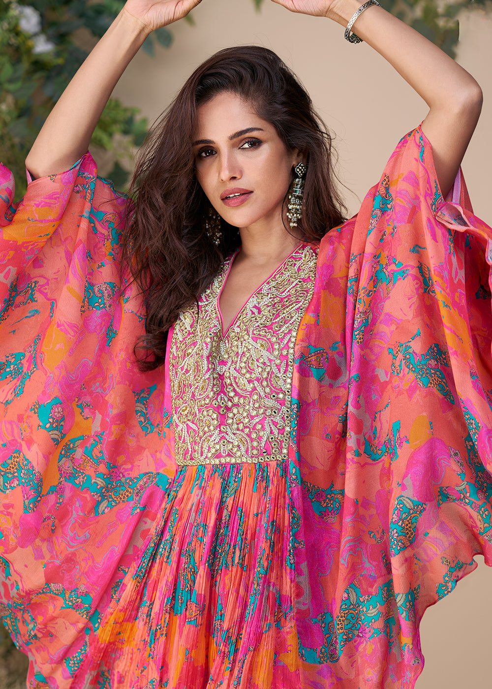 Buy Now Pink Hand Embellished Poncho Kaftan Style Dress Online in USA, UK, Canada, Germany, Italy, France, Austria, Singapore & Worldwide at Empress Clothing.