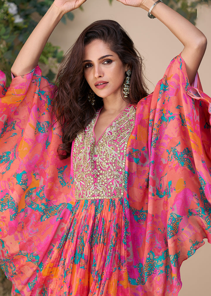 Buy Now Pink Hand Embellished Poncho Kaftan Style Dress Online in USA, UK, Canada, Germany, Italy, France, Austria, Singapore & Worldwide at Empress Clothing.