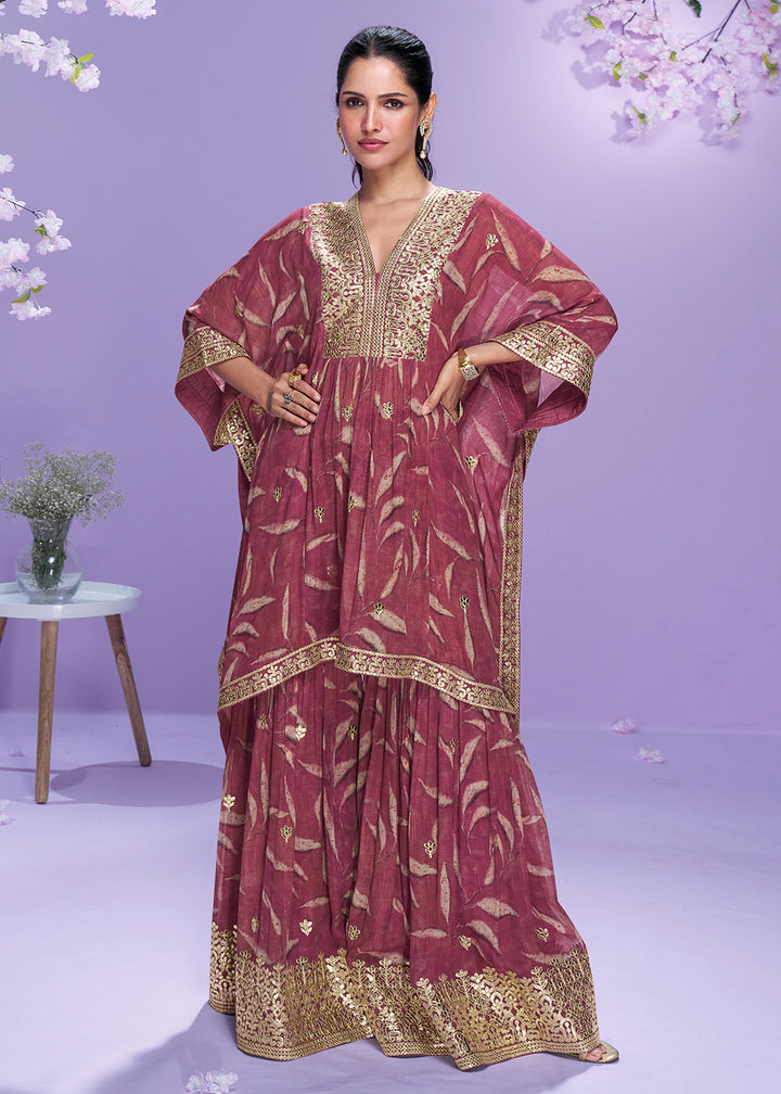 Shop Now Digital Printed Pink Georgette Kaftan Style Gharara Suit Online in USA, UK, Canada, France, Qatar, Germany, Italy, Spain, UAE & Worldwide at Empress Clothing.
