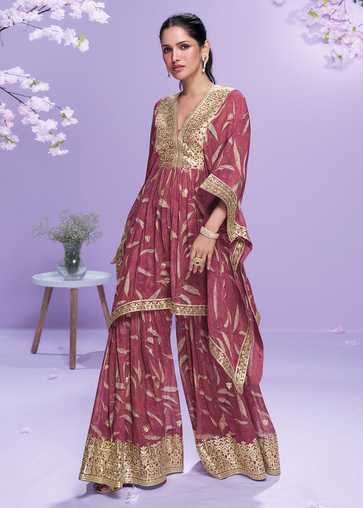 Shop Now Digital Printed Pink Georgette Kaftan Style Gharara Suit Online in USA, UK, Canada, France, Qatar, Germany, Italy, Spain, UAE & Worldwide at Empress Clothing.