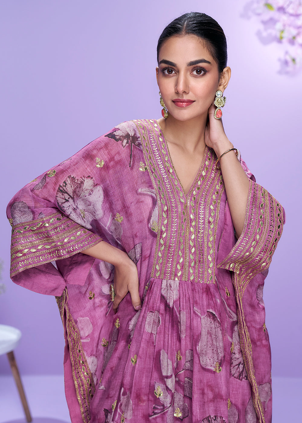 Shop Now Digital Printed Onion Georgette Kaftan Style Gharara Suit Online in USA, UK, Canada, France, Qatar, Germany, Italy, Spain, UAE & Worldwide at Empress Clothing.