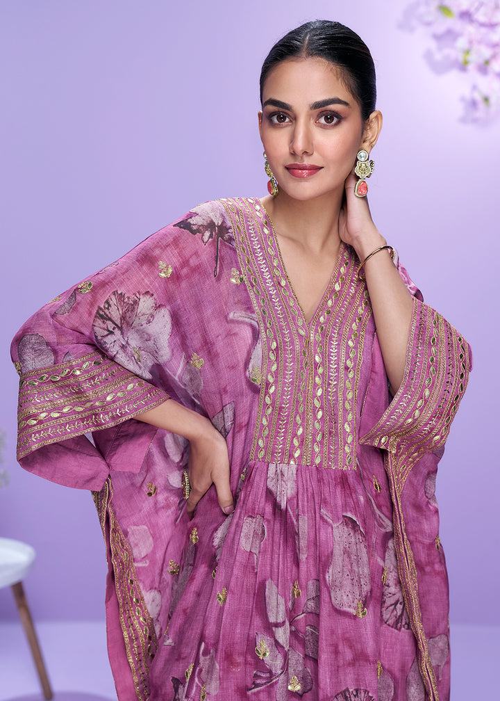 Shop Now Digital Printed Onion Georgette Kaftan Style Gharara Suit Online in USA, UK, Canada, France, Qatar, Germany, Italy, Spain, UAE & Worldwide at Empress Clothing.