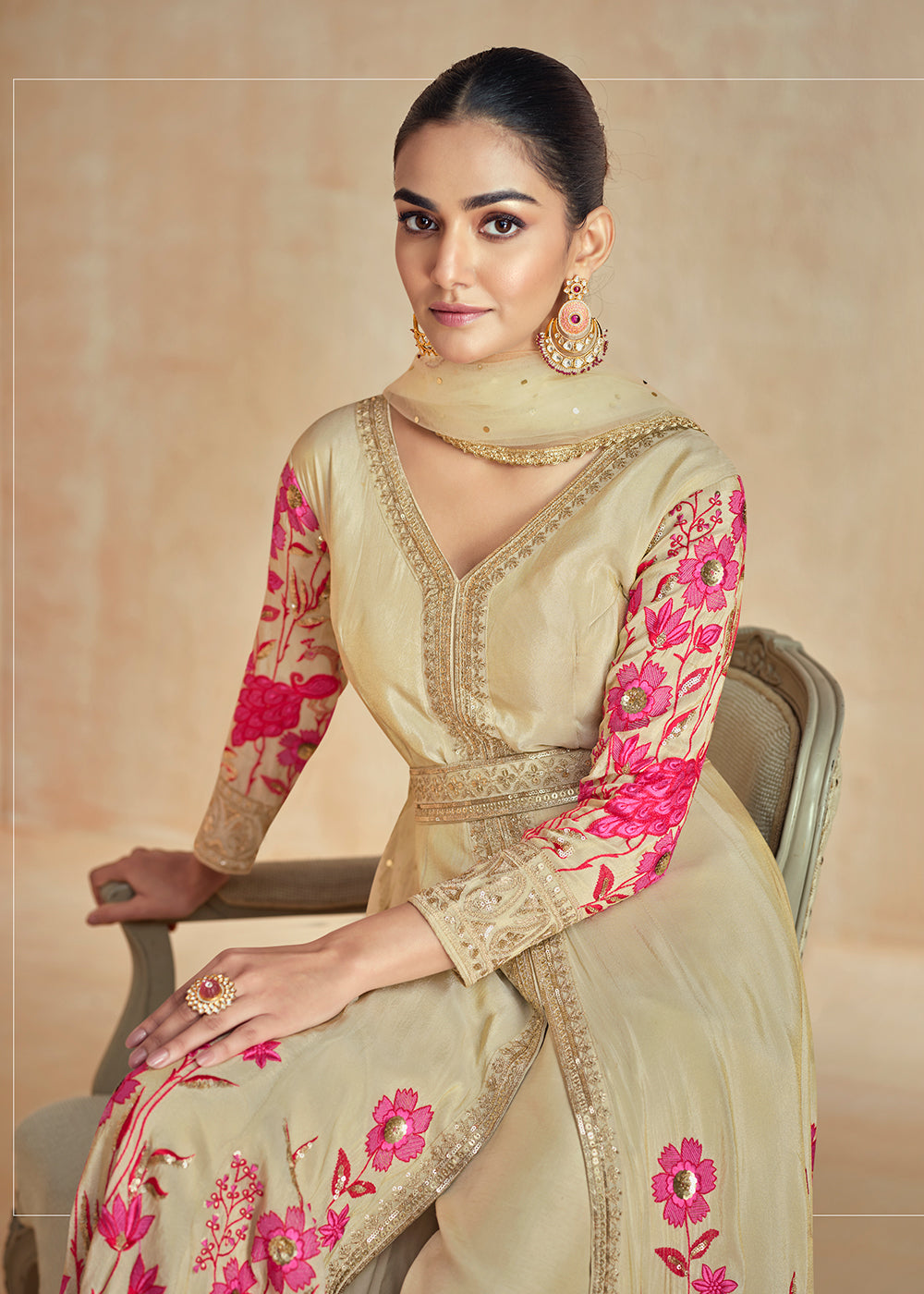 Buy Now Beige Gold Embroidered Slit Style Festive Anarkali Suit Online in USA, UK, Australia, New Zealand, Canada & Worldwide at Empress Clothing.