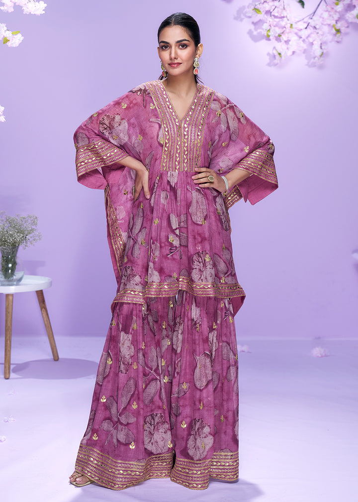 Shop Now Digital Printed Onion Georgette Kaftan Style Gharara Suit Online in USA, UK, Canada, France, Qatar, Germany, Italy, Spain, UAE & Worldwide at Empress Clothing.