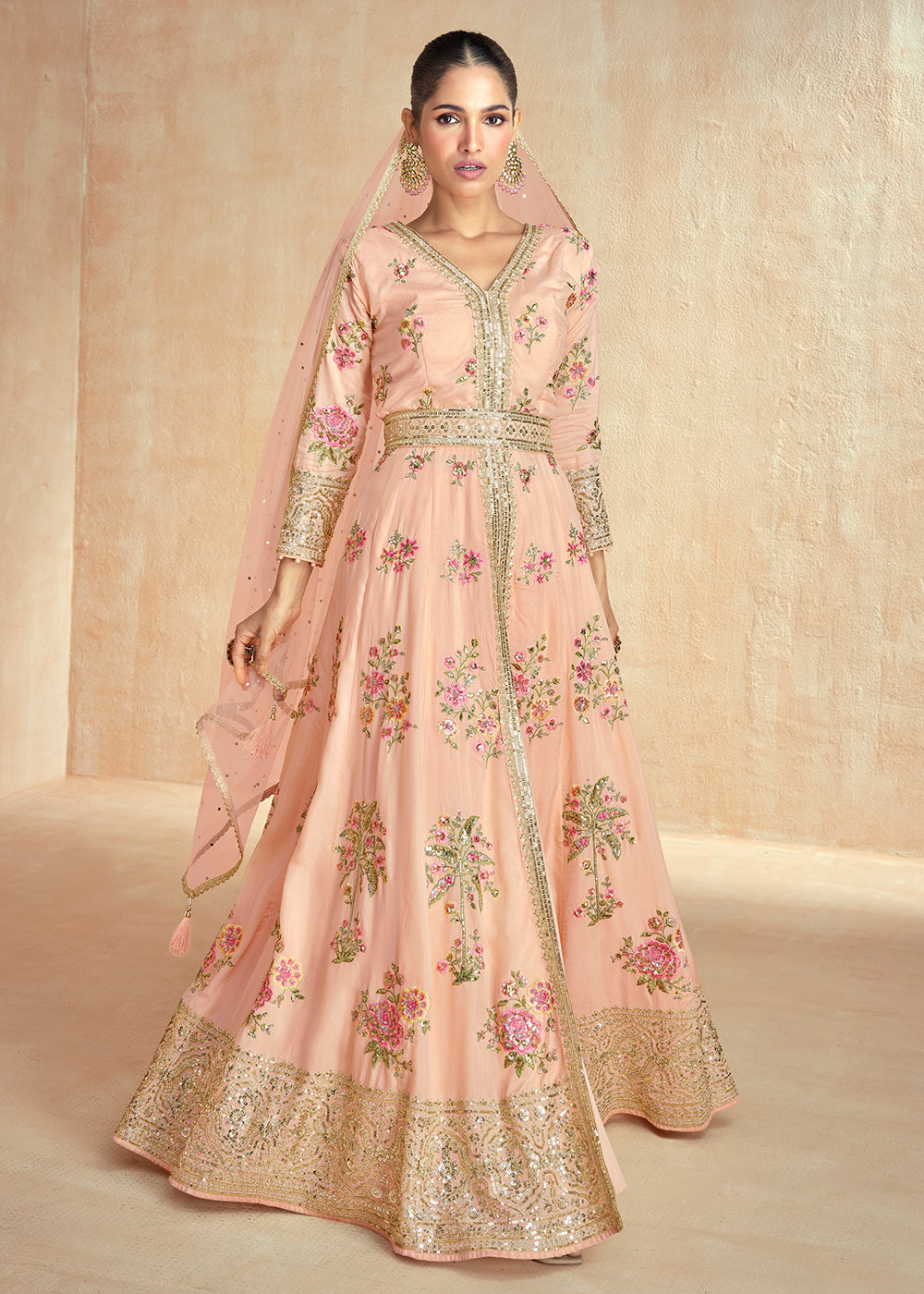 Buy Now Light Peach Embroidered Slit Style Festive Anarkali Suit Online in USA, UK, Australia, New Zealand, Canada & Worldwide at Empress Clothing