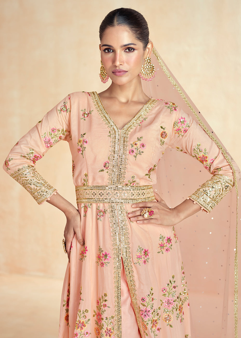 Buy Now Light Peach Embroidered Slit Style Festive Anarkali Suit Online in USA, UK, Australia, New Zealand, Canada & Worldwide at Empress Clothing