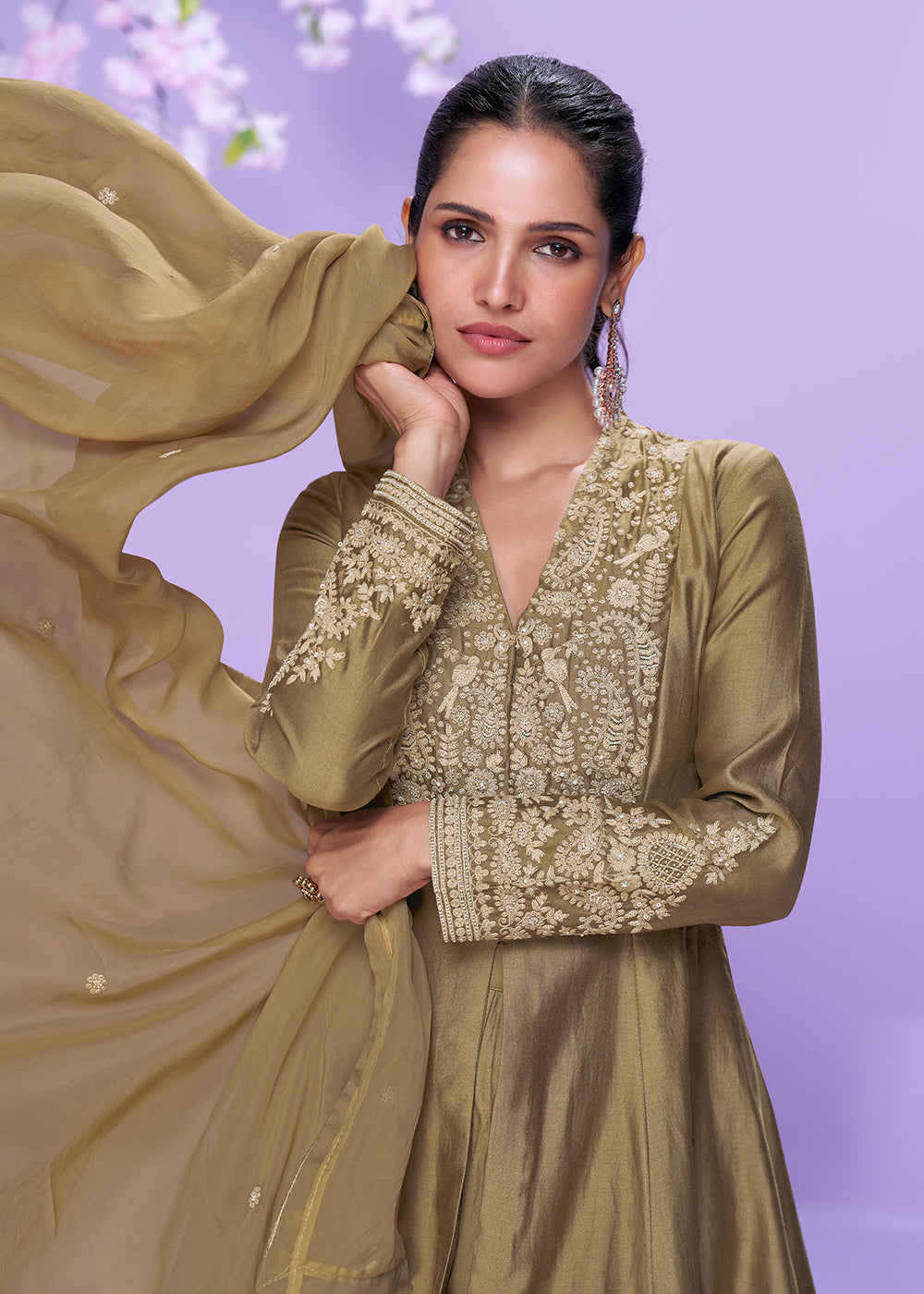 Buy Now Khaki Brown Roman Silk Long Cut Palazzo Suit Suit Online in US, UK, Canada, Germany, Italy, France, Austria, Denmark & Worldwide at Empress Clothing.