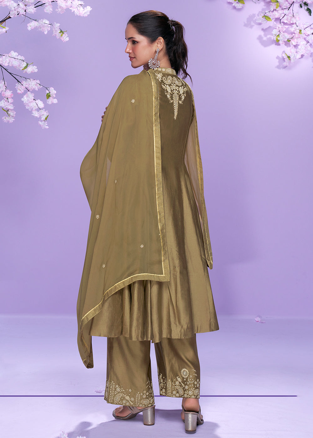 Buy Now Khaki Brown Roman Silk Long Cut Palazzo Suit Suit Online in US, UK, Canada, Germany, Italy, France, Austria, Denmark & Worldwide at Empress Clothing.