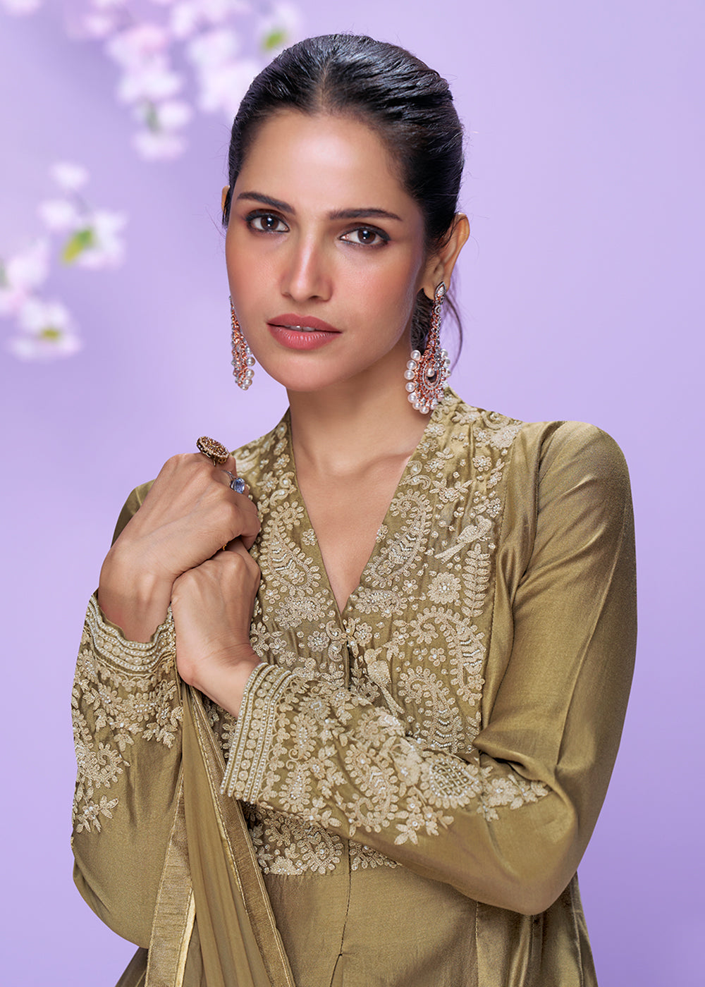 Buy Now Khaki Brown Roman Silk Long Cut Palazzo Suit Suit Online in US, UK, Canada, Germany, Italy, France, Austria, Denmark & Worldwide at Empress Clothing.