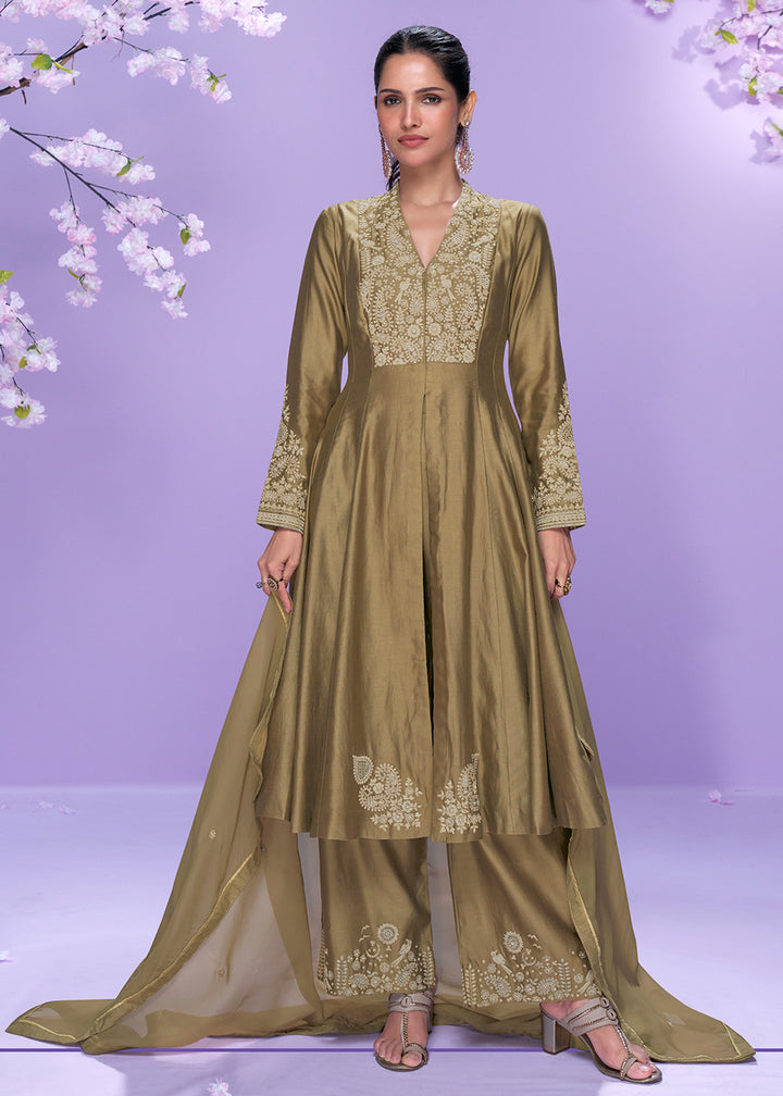 Buy Now Khaki Brown Roman Silk Long Cut Palazzo Suit Suit Online in US, UK, Canada, Germany, Italy, France, Austria, Denmark & Worldwide at Empress Clothing.