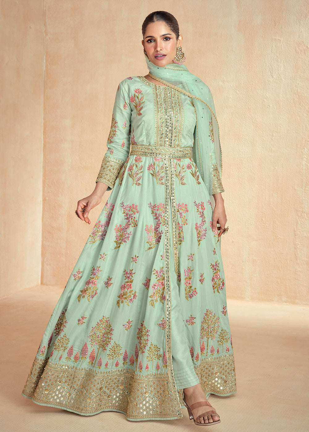 Buy Now Mint Green Embroidered Slit Style Festive Anarkali Suit Online in USA, UK, Australia, New Zealand, Canada & Worldwide at Empress Clothing. 