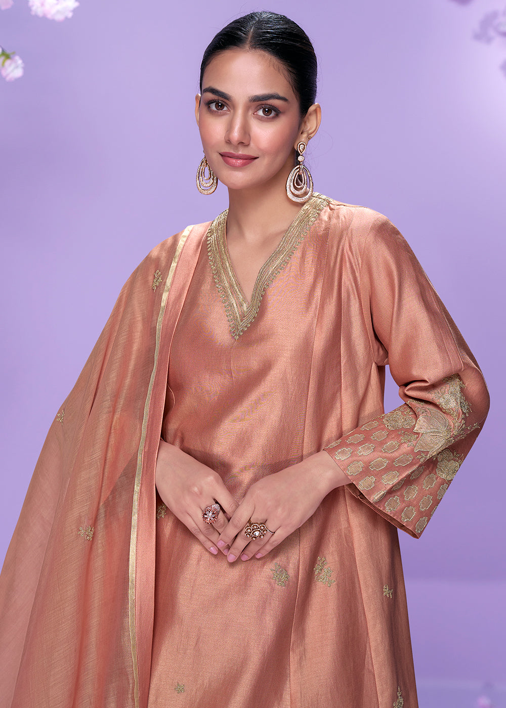Buy Now Blush Peach Roman Silk Long Cut Palazzo Suit Suit Online in US, UK, Canada, Germany, Italy, France, Austria, Denmark & Worldwide at Empress Clothing.