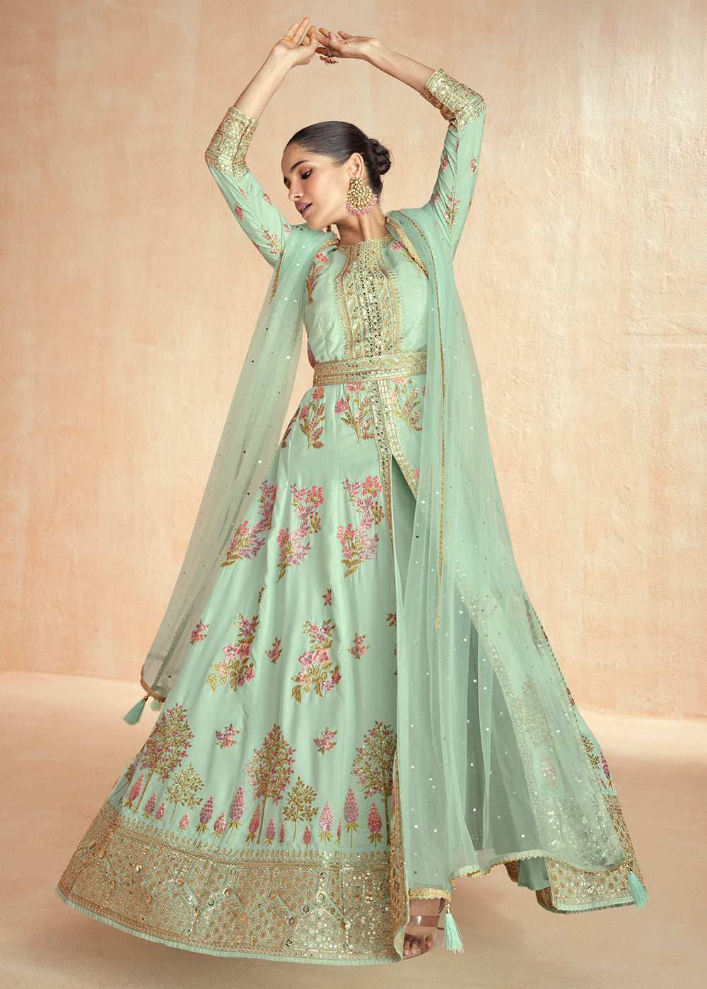 Buy Now Mint Green Embroidered Slit Style Festive Anarkali Suit Online in USA, UK, Australia, New Zealand, Canada & Worldwide at Empress Clothing. 