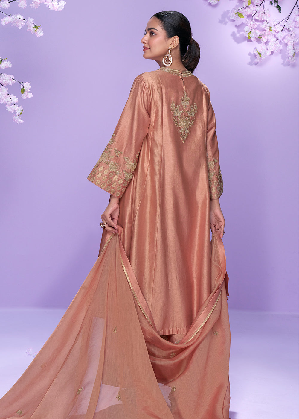 Buy Now Blush Peach Roman Silk Long Cut Palazzo Suit Suit Online in US, UK, Canada, Germany, Italy, France, Austria, Denmark & Worldwide at Empress Clothing.