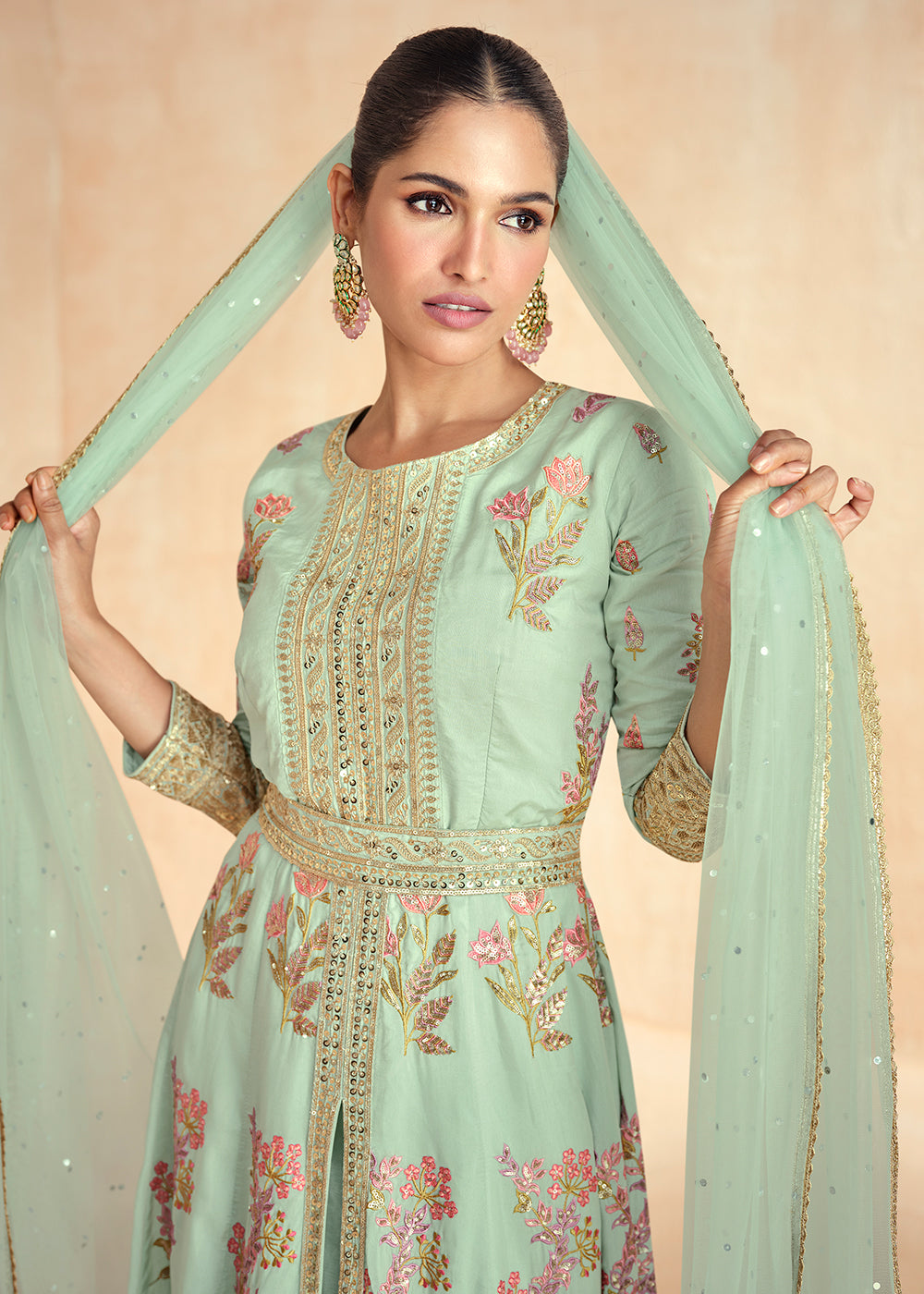 Buy Now Mint Green Embroidered Slit Style Festive Anarkali Suit Online in USA, UK, Australia, New Zealand, Canada & Worldwide at Empress Clothing. 