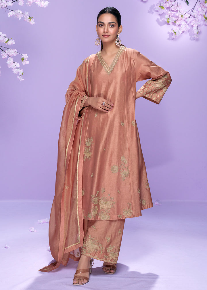 Buy Now Blush Peach Roman Silk Long Cut Palazzo Suit Suit Online in US, UK, Canada, Germany, Italy, France, Austria, Denmark & Worldwide at Empress Clothing.