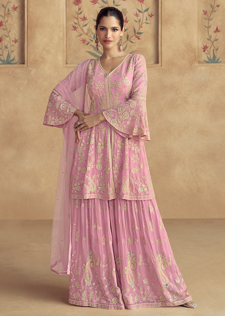 Shop Now Pink Real Georgette Embroidered Wedding Sharara Suit Online at Empress Clothing in USA, UK, Canada, Germany, UAE & Worldwide.