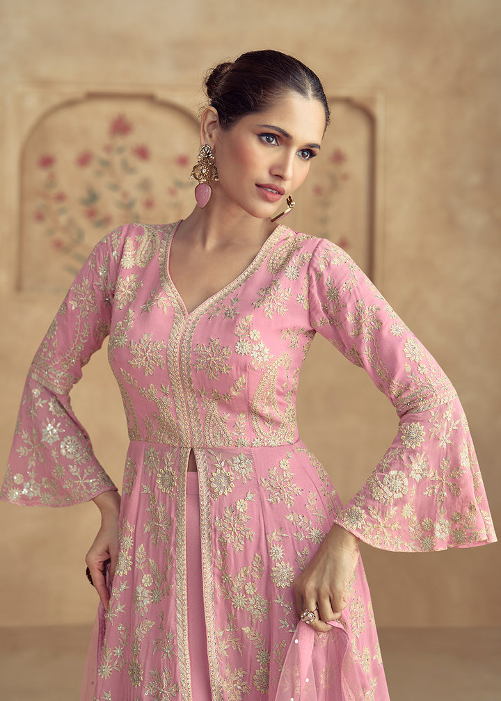 Shop Now Pink Real Georgette Embroidered Wedding Sharara Suit Online at Empress Clothing in USA, UK, Canada, Germany, UAE & Worldwide.