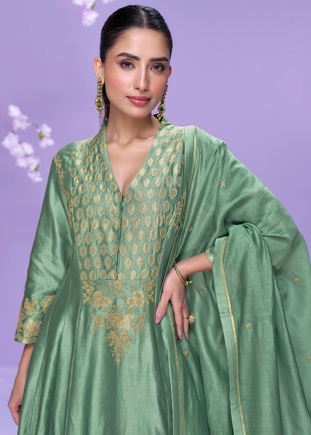 Buy Now Mint Green Roman Silk Long Cut Palazzo Suit Suit Online in US, UK, Canada, Germany, Italy, France, Austria, Denmark & Worldwide at Empress Clothing.