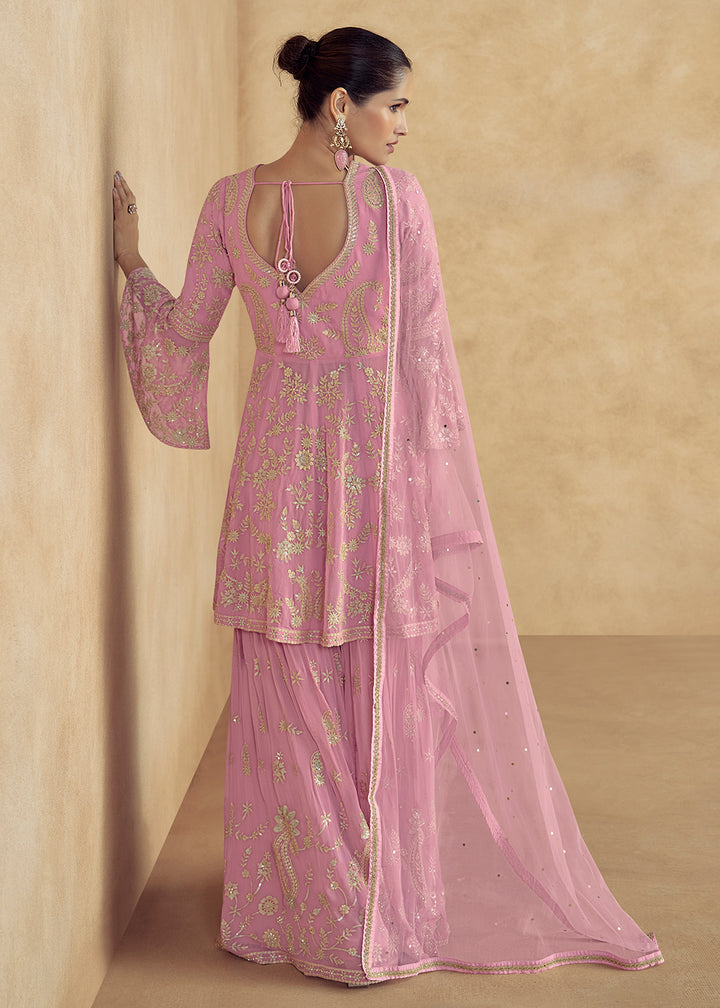 Shop Now Pink Real Georgette Embroidered Wedding Sharara Suit Online at Empress Clothing in USA, UK, Canada, Germany, UAE & Worldwide.