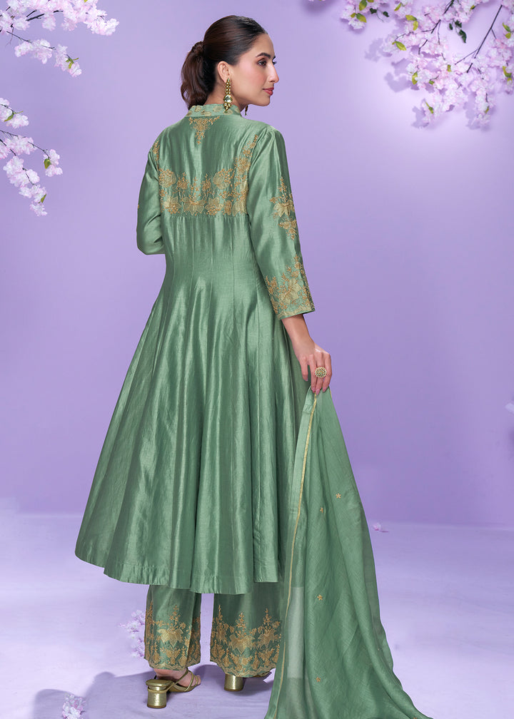 Buy Now Mint Green Roman Silk Long Cut Palazzo Suit Suit Online in US, UK, Canada, Germany, Italy, France, Austria, Denmark & Worldwide at Empress Clothing.