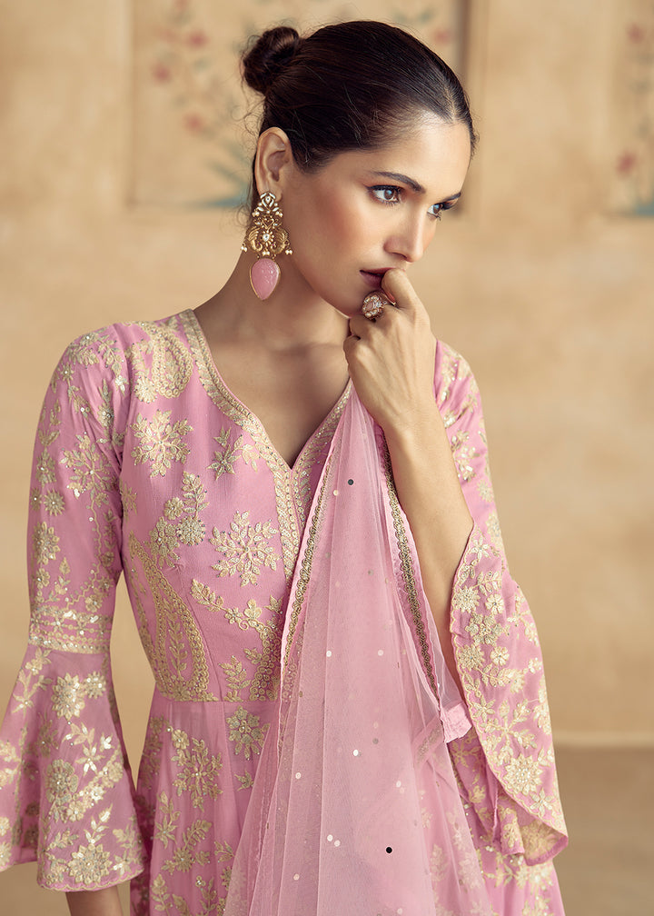 Shop Now Pink Real Georgette Embroidered Wedding Sharara Suit Online at Empress Clothing in USA, UK, Canada, Germany, UAE & Worldwide.